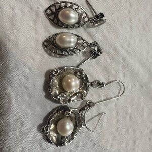 Elegant Silver Pearl Earrings Set